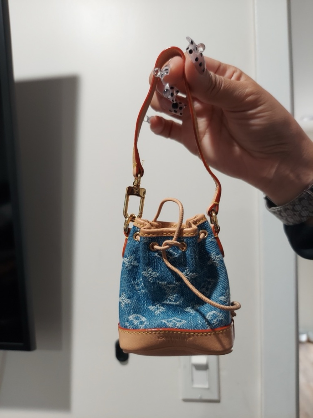 Louis Vuitton Denim Mini Bucket Bag with Tan Trim and Orange Strap